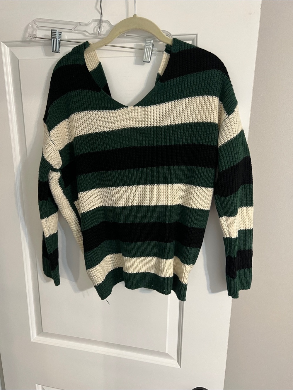 Miracle Green, Black & Cream Striped V-Neck Sweater